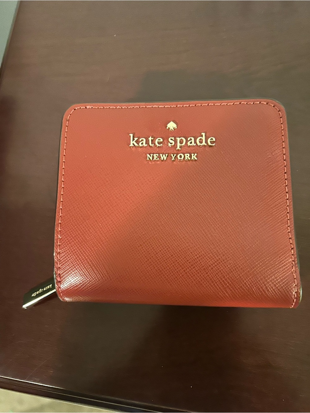 kate spade red Saffiano Leather Zip Wallet with Gold Logo